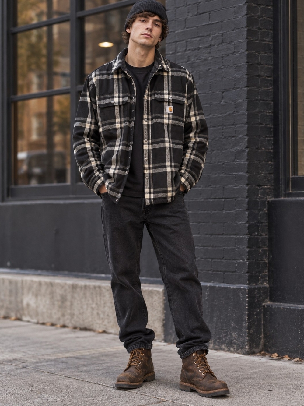Carhartt 104452 Sherpa Lined Plaid Flannel Shirt Jacket Black Gray Men's M